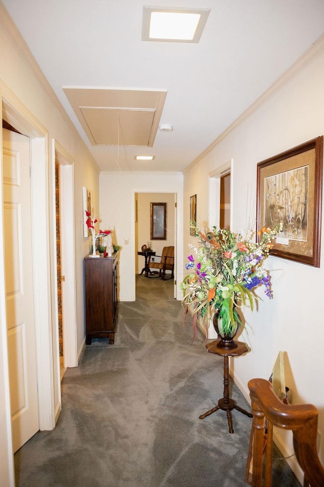 corridor with dark colored carpet and crown molding