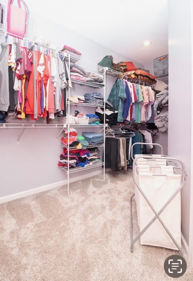 walk in closet with carpet