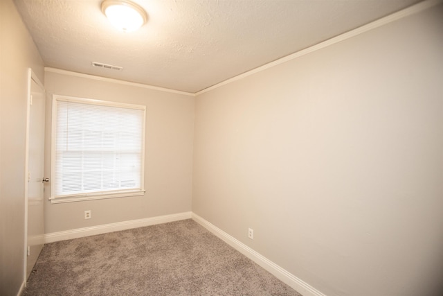 carpeted empty room featuring crown molding and a textured ceiling