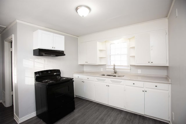 kitchen with black electric range oven, sink, ornamental molding, dark hardwood / wood-style floors, and white cabinets