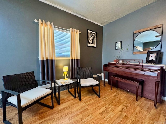 living area featuring a textured ceiling and light wood-type flooring