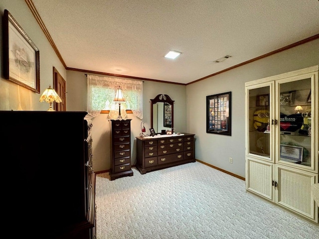 interior space featuring light carpet, crown molding, and a textured ceiling