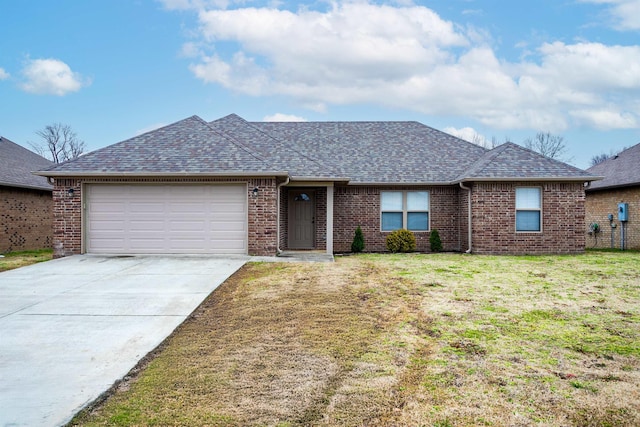 ranch-style house with a garage and a front lawn