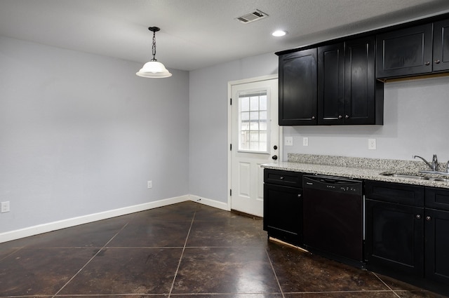 kitchen featuring sink, light stone countertops, hanging light fixtures, and dishwasher