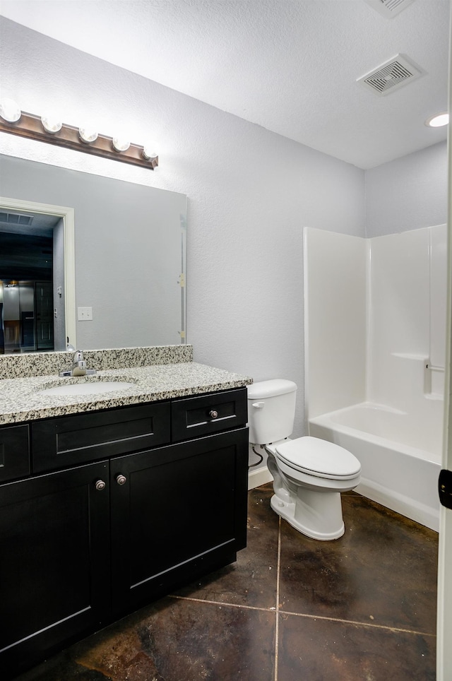 full bathroom with shower / bathtub combination, vanity, toilet, and concrete flooring