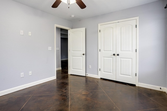 unfurnished bedroom with a closet and ceiling fan