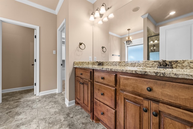 bathroom featuring walk in shower, ornamental molding, and vanity