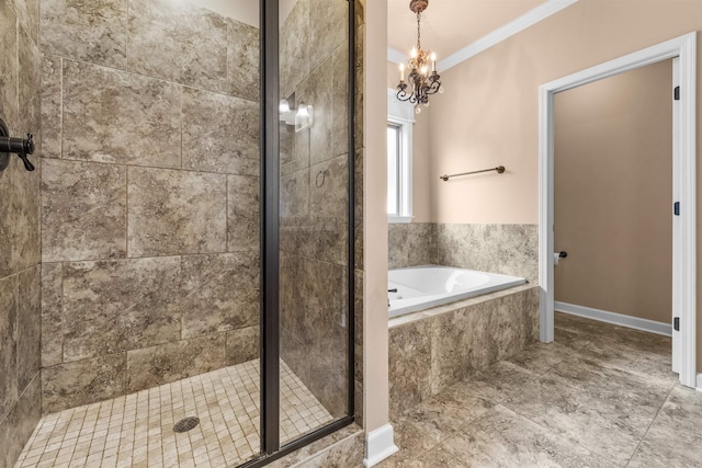 bathroom featuring crown molding, shower with separate bathtub, and a notable chandelier