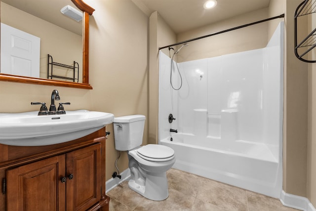 full bathroom with tile patterned flooring, vanity,  shower combination, and toilet