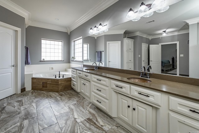 bathroom featuring a bathing tub, ceiling fan, vanity, and crown molding