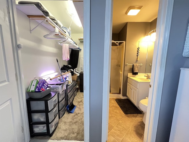 bathroom with vanity, a shower with shower door, and toilet