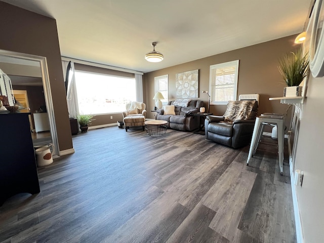 living room featuring a healthy amount of sunlight and dark wood-type flooring