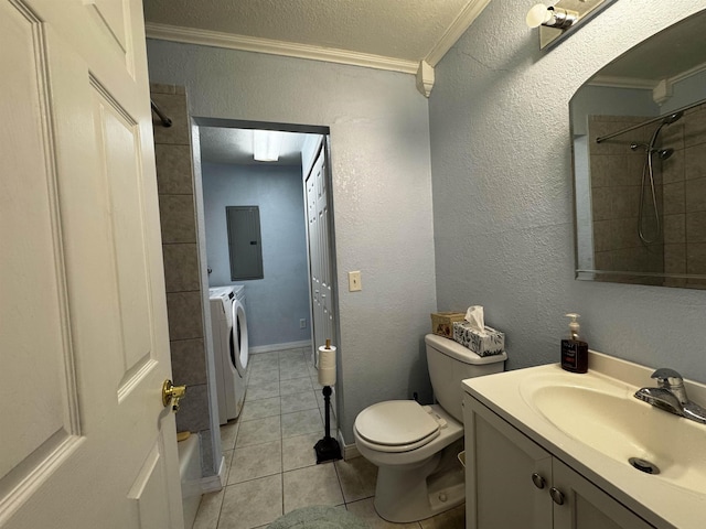 bathroom featuring crown molding, electric panel, washer and clothes dryer, and vanity