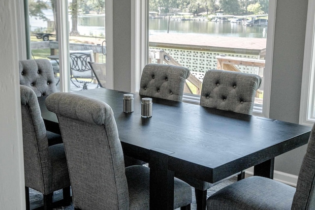 dining room with a wealth of natural light and a water view