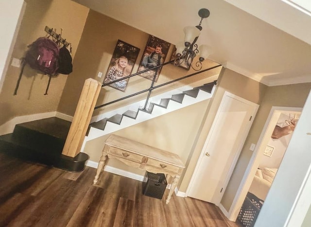 stairway with crown molding and wood-type flooring