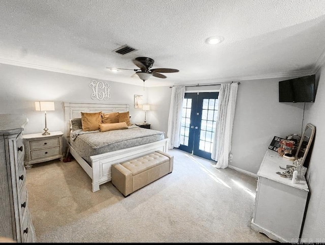 bedroom with french doors, access to outside, ceiling fan, ornamental molding, and light colored carpet