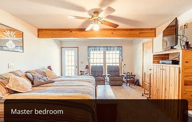 carpeted bedroom featuring ceiling fan, access to outside, and beam ceiling