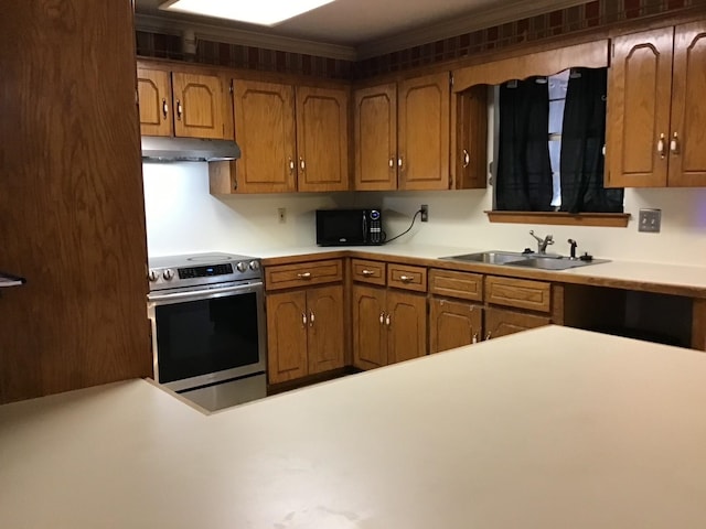 kitchen with sink, electric range, and ornamental molding