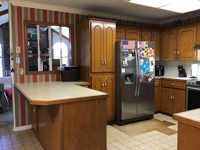 kitchen with crown molding, stainless steel appliances, kitchen peninsula, and wall chimney exhaust hood