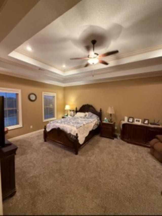 carpeted bedroom with a tray ceiling, recessed lighting, and baseboards