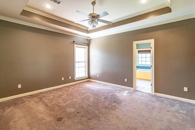 carpeted spare room featuring crown molding, ceiling fan, a tray ceiling, and a wealth of natural light