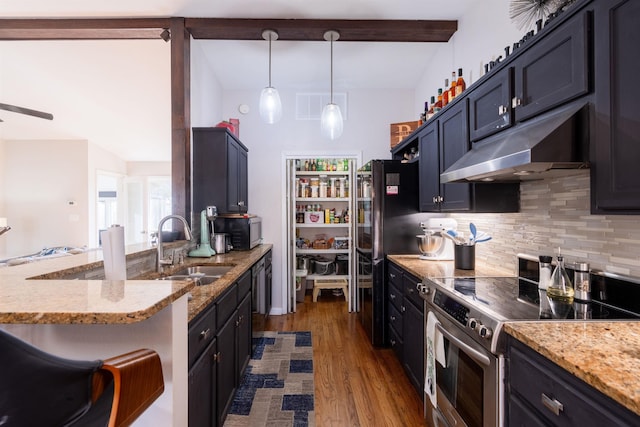 kitchen with sink, hanging light fixtures, beam ceiling, electric range, and backsplash