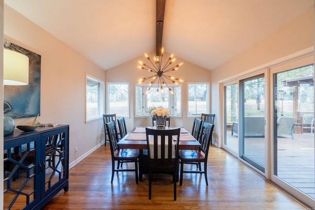 dining space featuring plenty of natural light, wood-type flooring, a chandelier, and vaulted ceiling with beams