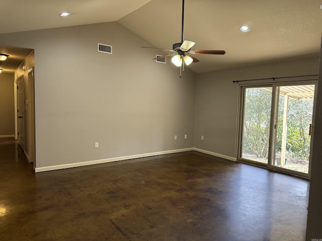 unfurnished room featuring lofted ceiling and ceiling fan