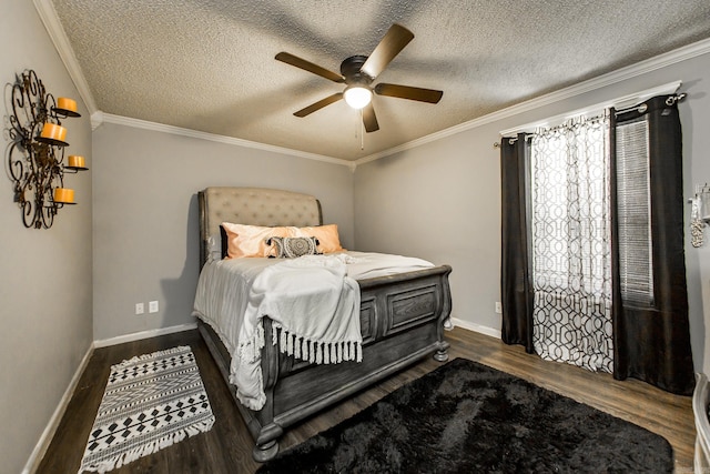 bedroom featuring ornamental molding, dark hardwood / wood-style floors, and a textured ceiling