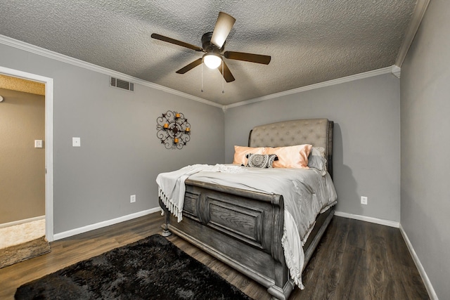 bedroom featuring ornamental molding, dark hardwood / wood-style floors, ceiling fan, and a textured ceiling