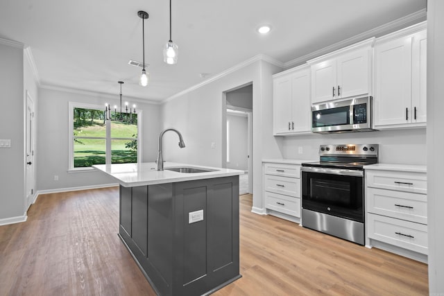 kitchen featuring sink, a kitchen island with sink, stainless steel appliances, white cabinets, and decorative light fixtures