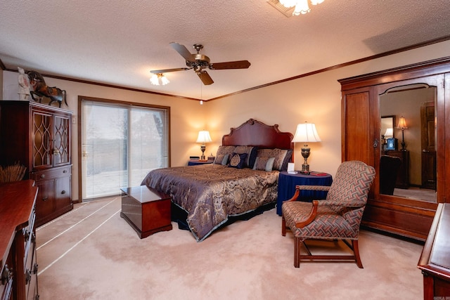 bedroom with crown molding, a textured ceiling, light carpet, and access to outside