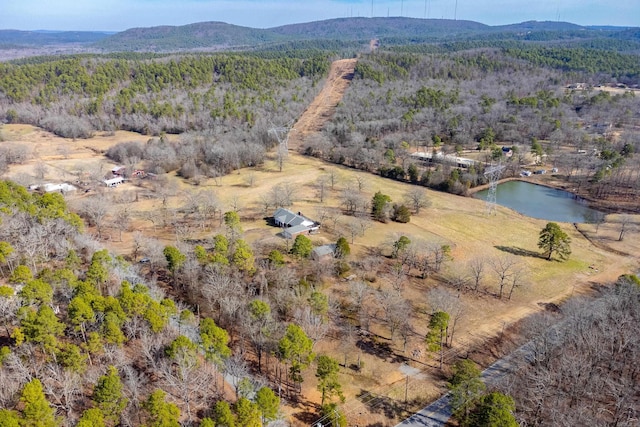 drone / aerial view with a water and mountain view