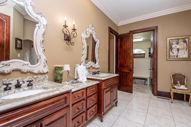 bathroom with vanity, tile patterned flooring, and ornamental molding