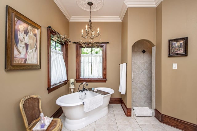 bathroom with independent shower and bath, ornamental molding, tile patterned flooring, and a notable chandelier