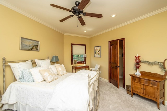 bedroom with light carpet, crown molding, and ceiling fan