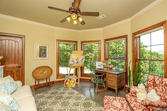 office featuring ornamental molding and ceiling fan