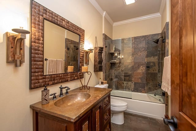 full bathroom with bath / shower combo with glass door, vanity, crown molding, and toilet