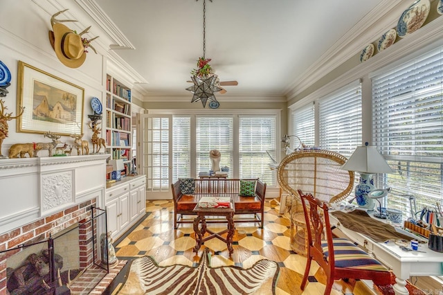 sunroom featuring a fireplace