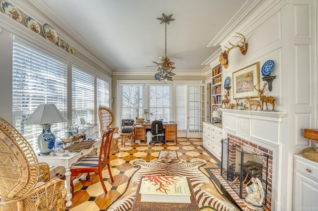 interior space featuring a brick fireplace