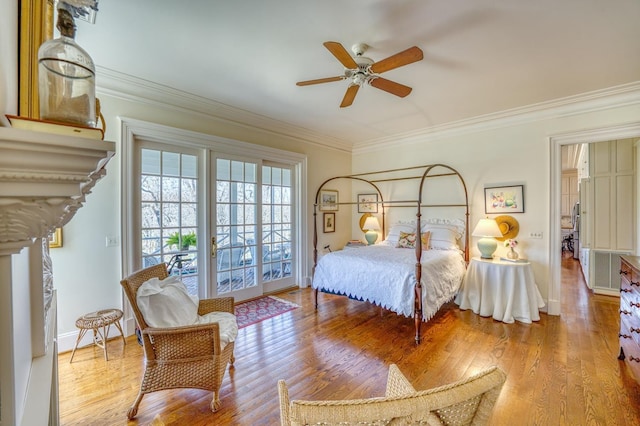 bedroom featuring crown molding, access to outside, ceiling fan, and light wood-type flooring