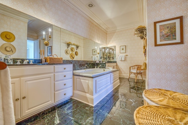 bathroom with crown molding and vanity