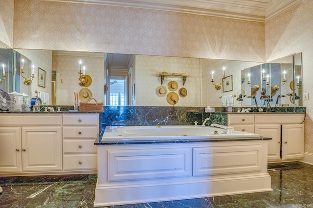 bathroom featuring ornamental molding, a bathing tub, and vanity