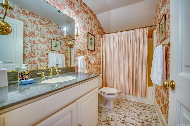 full bathroom featuring shower / bath combination with curtain, vanity, and toilet