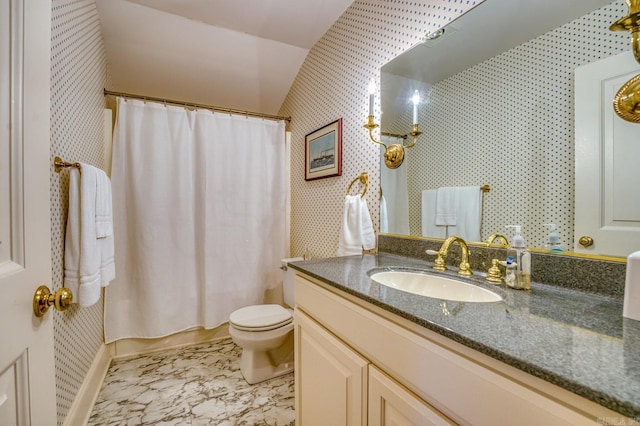 full bathroom with vanity, shower / bath combination with curtain, and toilet