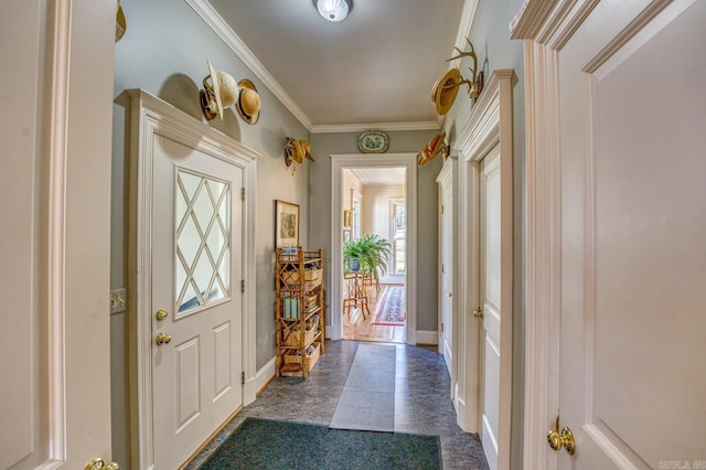 doorway to outside with crown molding