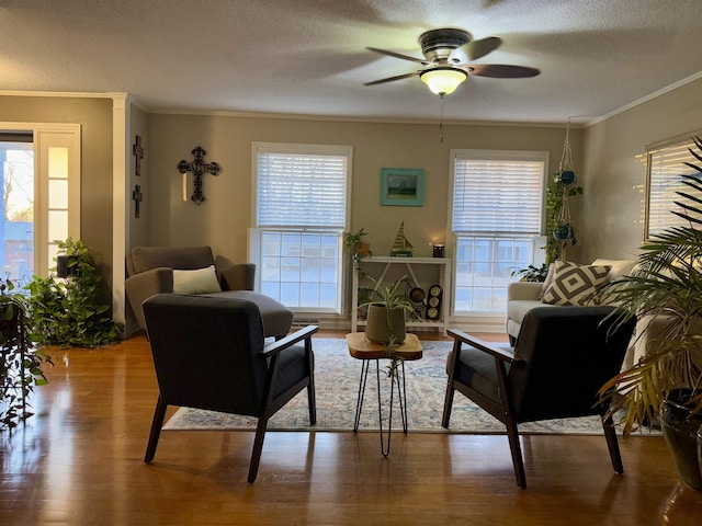 living room with ornamental molding, ceiling fan, a textured ceiling, and light hardwood / wood-style flooring