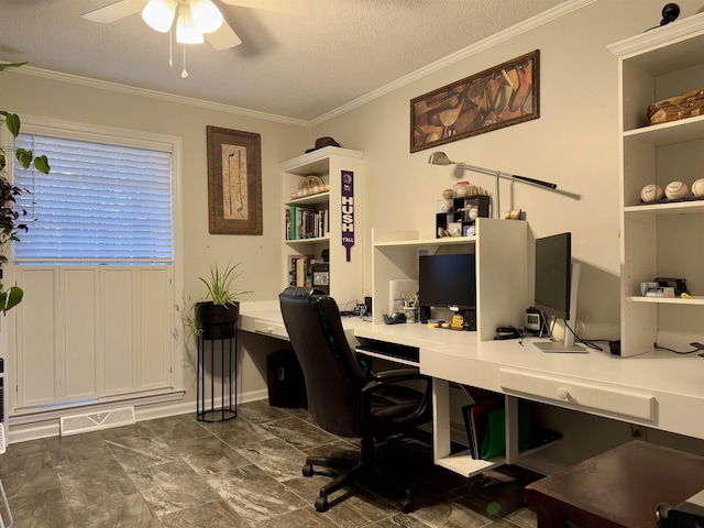 office featuring crown molding, a textured ceiling, and ceiling fan