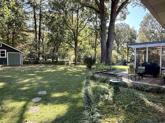 view of yard featuring a shed and a patio