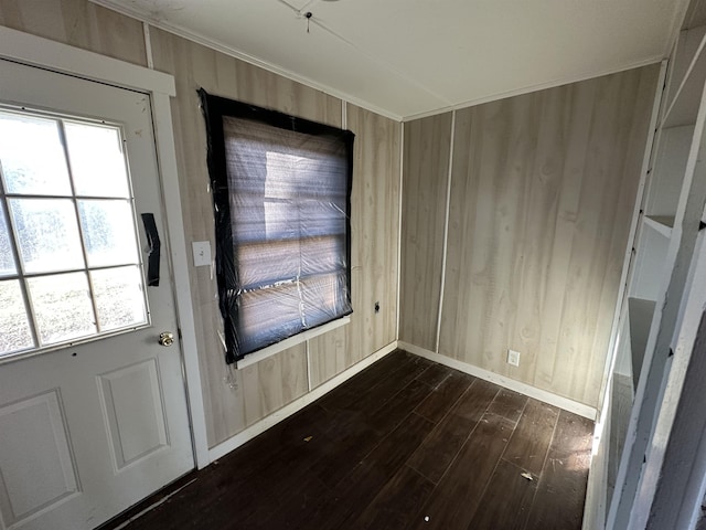 doorway featuring dark hardwood / wood-style flooring and wood walls